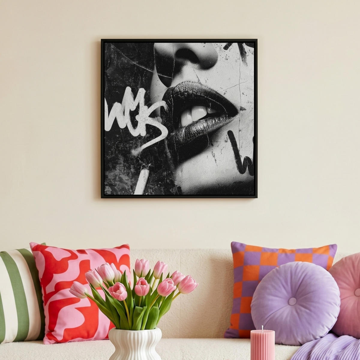 LEINWAND Bilder mit Rahmen - Gesicht - Mund - Graffiti - Schwarz - 50x50 - Schwarz, Textil (50/50cm) - MuchoWow