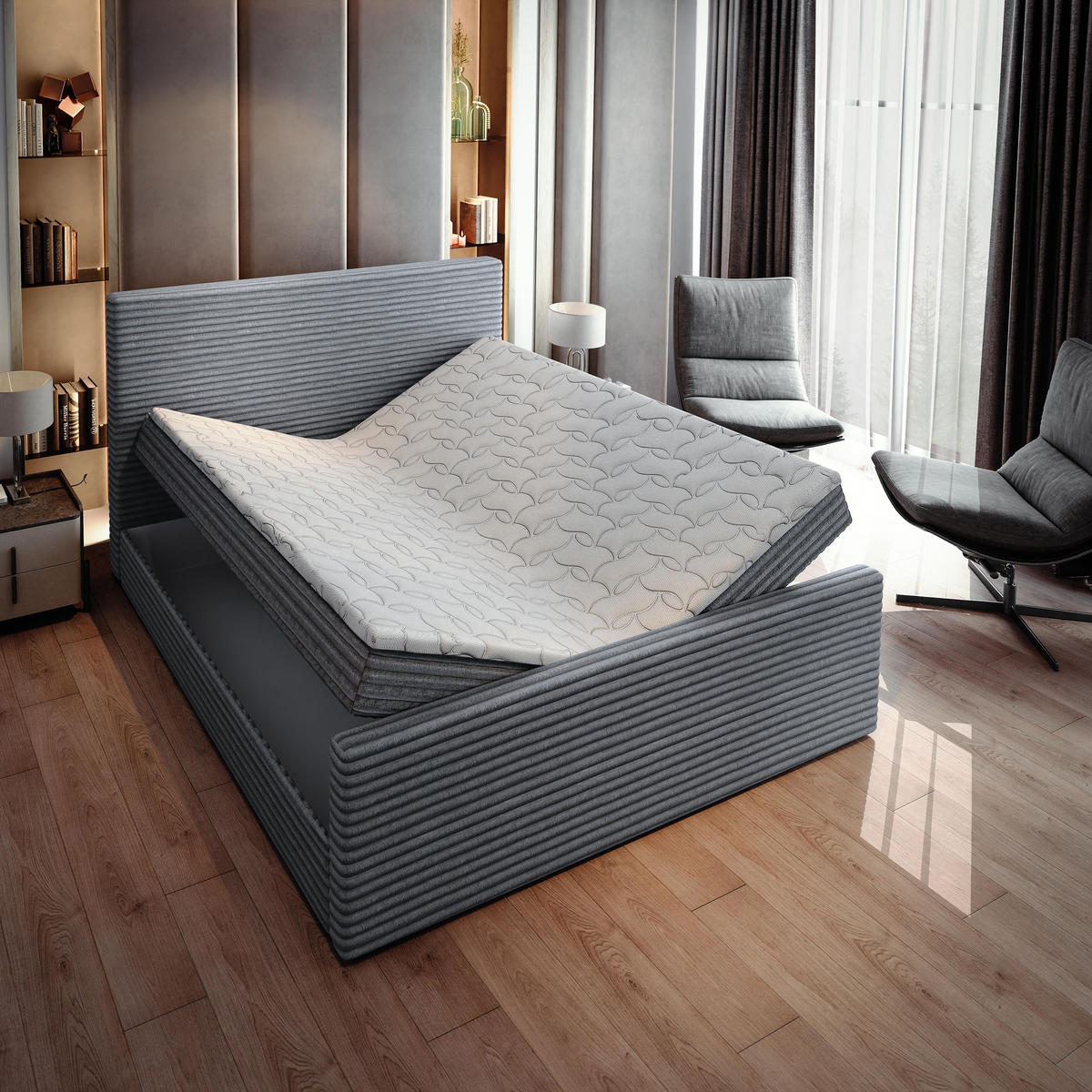 BOXBETT BRENTO 160x200 cm mit Matratze und Topper - Grau - Grau, Holz (160/200cm) - MASSENO