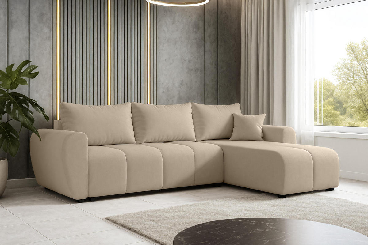 ECKSOFA L Form Malatya Hellbraun 246/145/82 cm stilvolle mit Schlaffunktion R - Hellbraun/Schwarz, Kunststoff/Textil (246/145cm) - AX Living