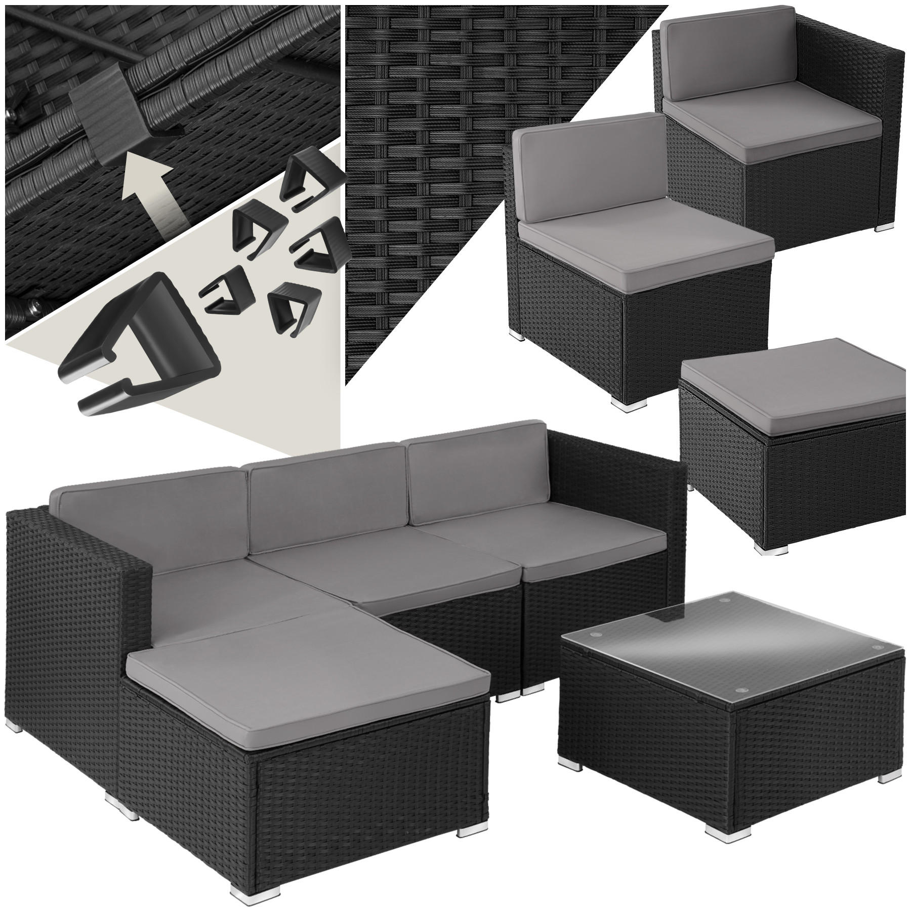 RATTANLOUNGE Lignano,variabel aufstellbar,schwarz - Schwarz, Kunststoff - tectake