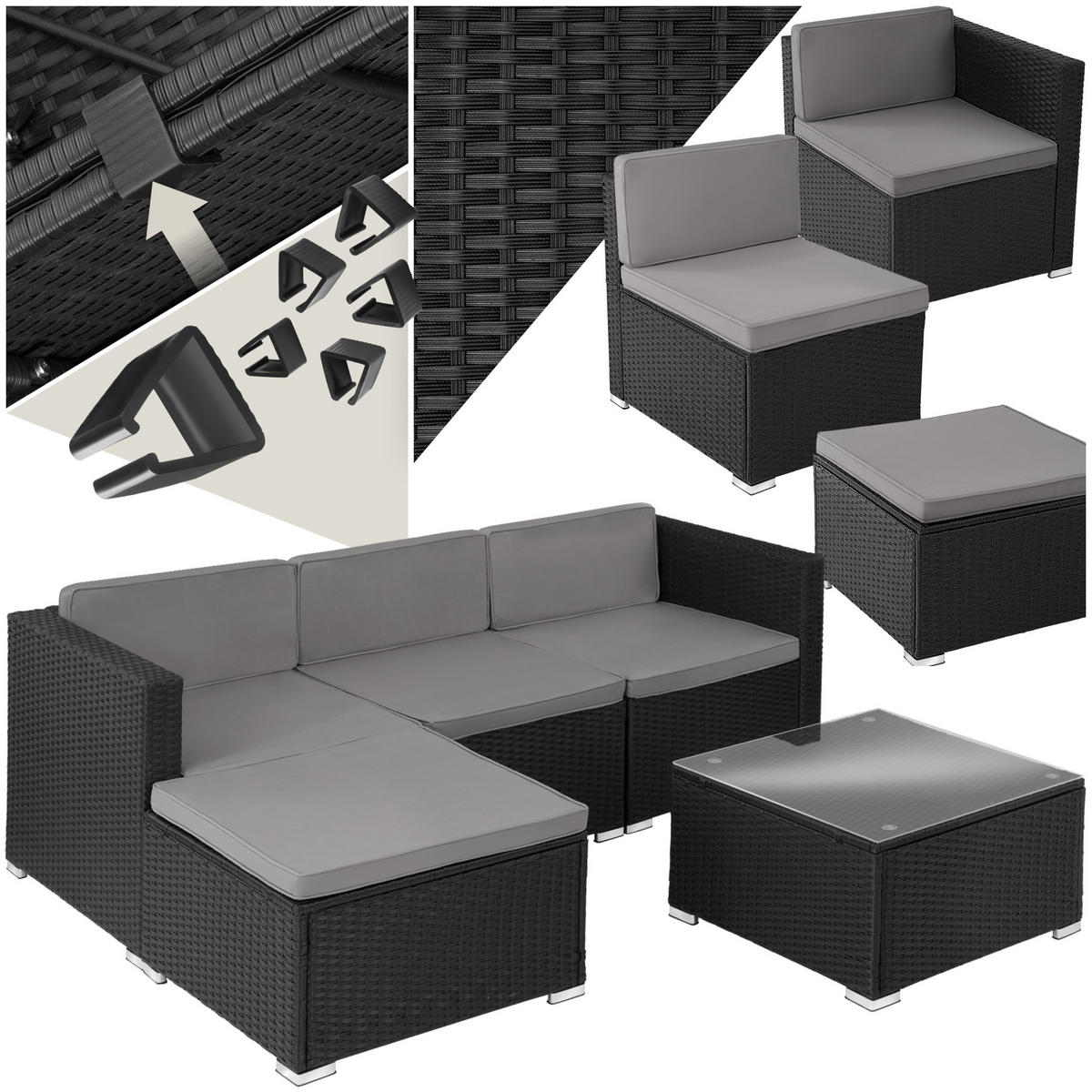 RATTANLOUNGE Lignano,variabel aufstellbar,schwarz - Schwarz, Kunststoff - tectake