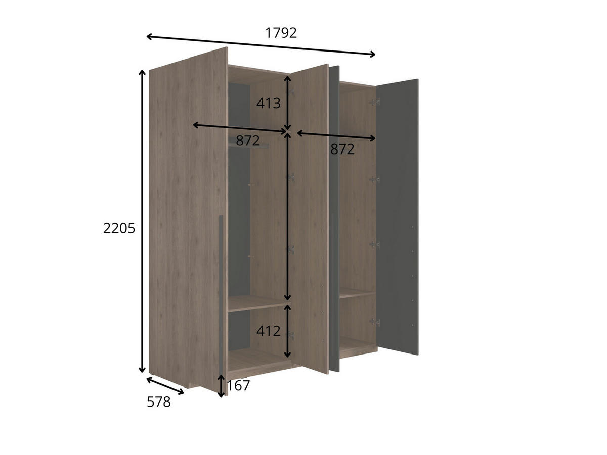KLEIDERSCHRANK Walnuss, Schwarz 179/221/58 - Schwarz, Holzwerkstoff (179/221/58cm) - RAUMHIRSCH FURNITURE