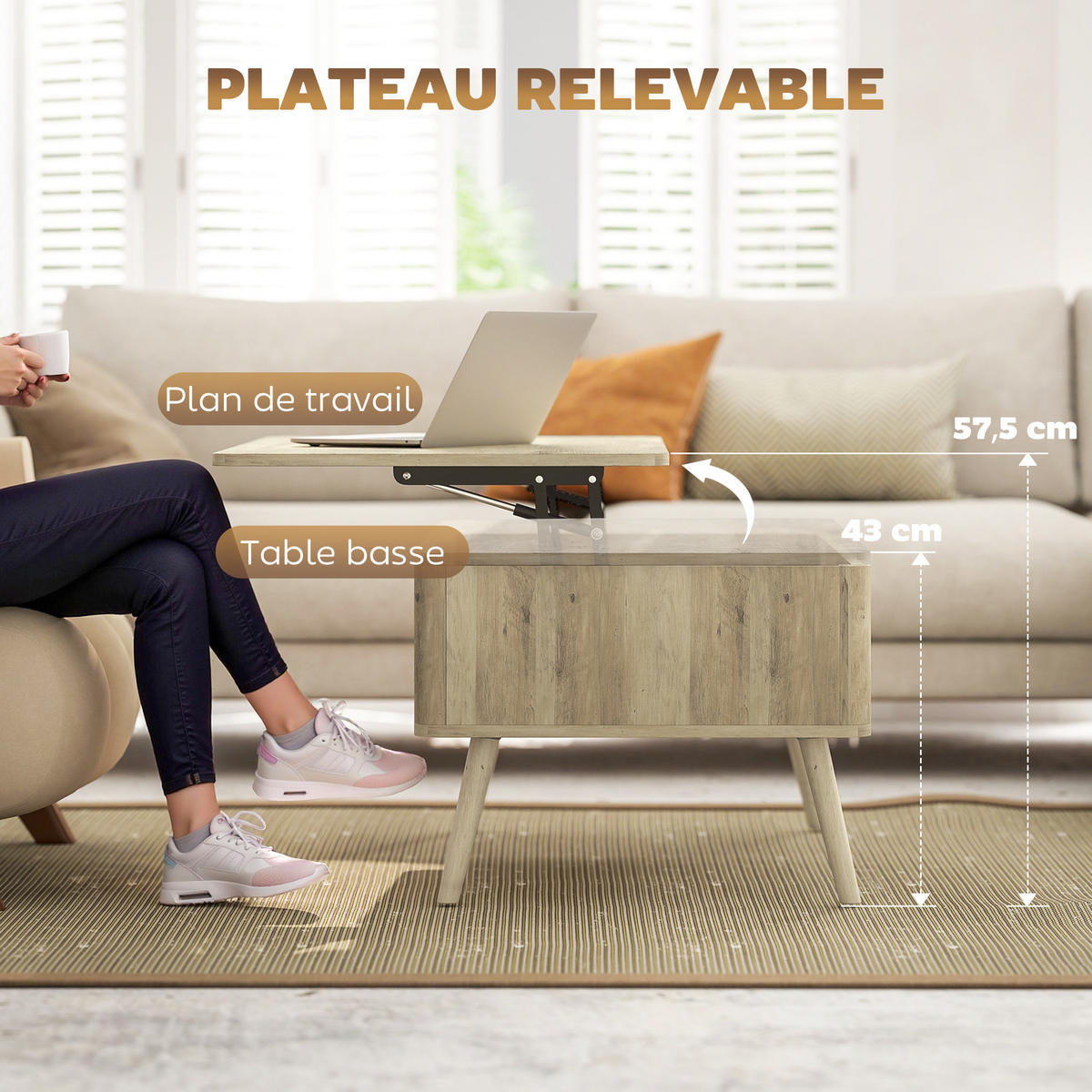 COUCHTISCH DE-15803 klappbare Platte Eiche - Eichefarben, Holzwerkstoff (91/56/43cm) - ComfortXL