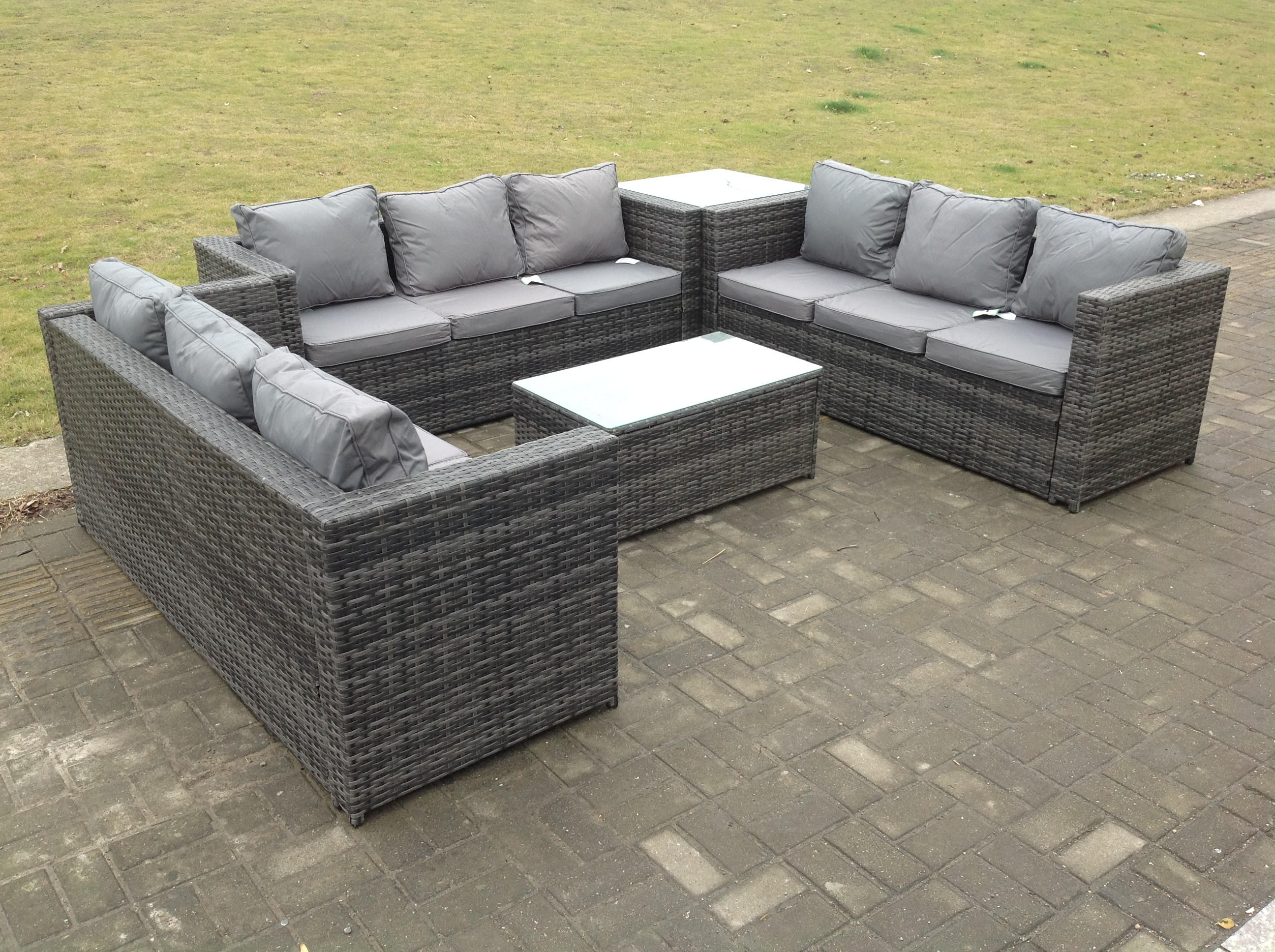 GARTENSOFA Hohe Rückenlehne Polyrattan 9-Sitzer - Dunkelgrau/Grau, Glas/Kunststoff - Fimous