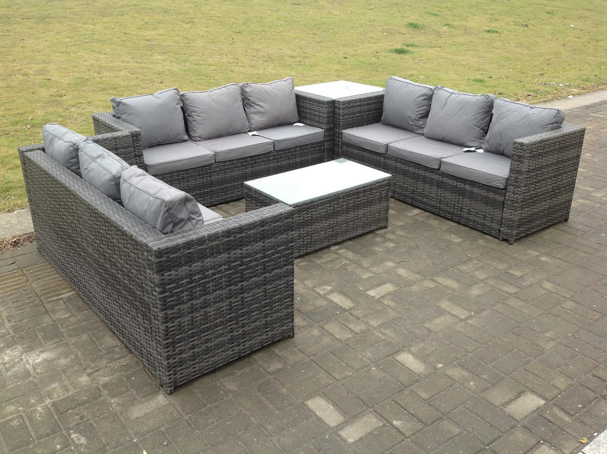 GARTENSOFA Hohe Rückenlehne Polyrattan 9-Sitzer - Dunkelgrau/Grau, Glas/Kunststoff - Fimous