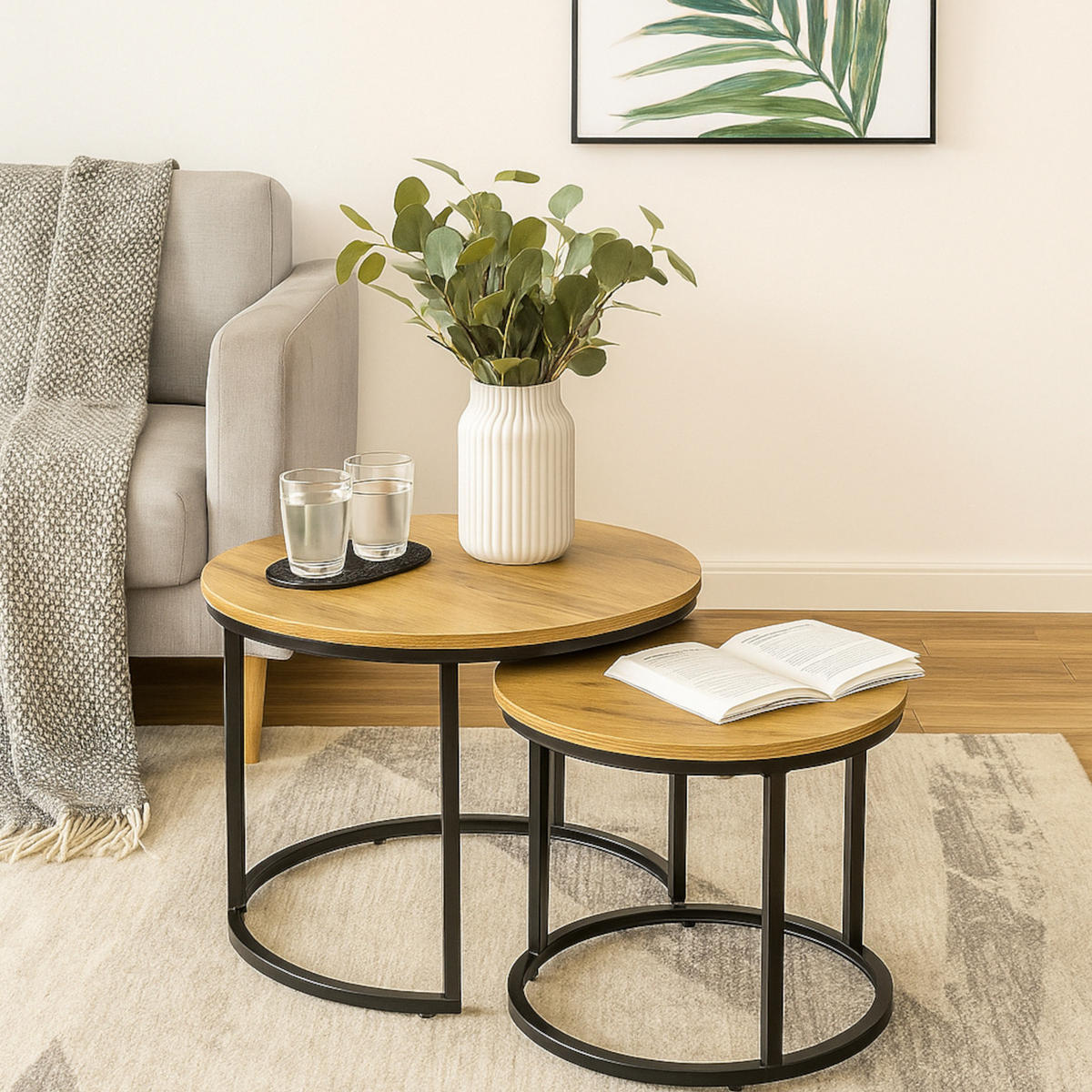 COUCHTISCH Holzoptik Metall Eichefarben Schwarz 2er Set 47x53x53 cm - Eichefarben/Schwarz, Holzwerkstoff/Metall (53/53/47cm) - Begryf