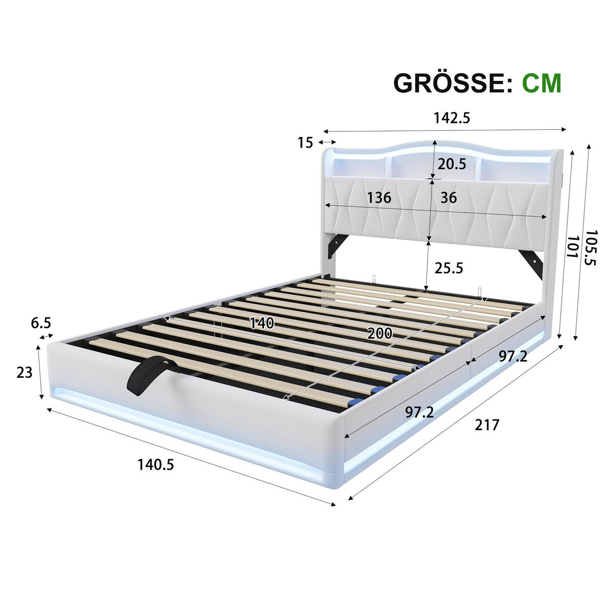 POLSTERBETT 140x200 mit stauraum, doppelbett mit LED, Bettkasten, Lattenrost, USB, Kopfteil, Samtstoff, Beige - Beige, Holz/Textil (140/200cm) - GENKI LIVING