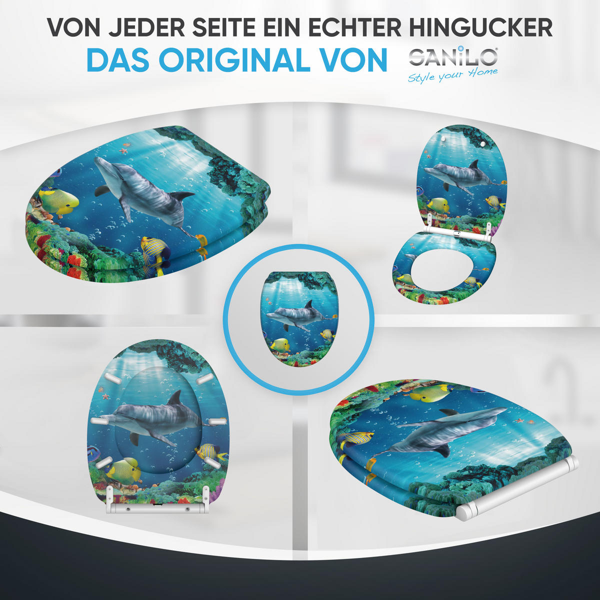 WC-SITZ Absenkautomatik Delphin Korallen - Blau, Holzwerkstoff (37.7/5.5/48cm) - Sanilo