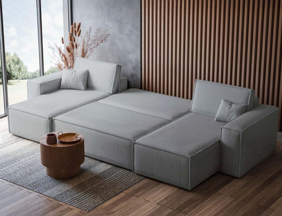 WOHNLANDSCHAFT Scarlo Hellgrau Cordbezug - Hellgrau/Schwarz, Kunststoff/Textil (312/83/145cm) - Selsey