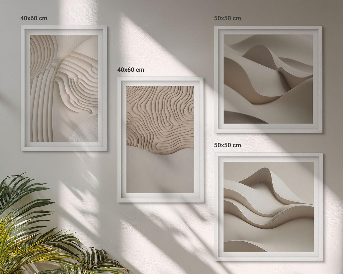 BILDER SET 4er Set - 50x50 cm & 40x60 cm Weißer Rahmen - Abstrakte Wellen auf dem Sand - Weiß, Kunststoff (50/50cm) - TULUP