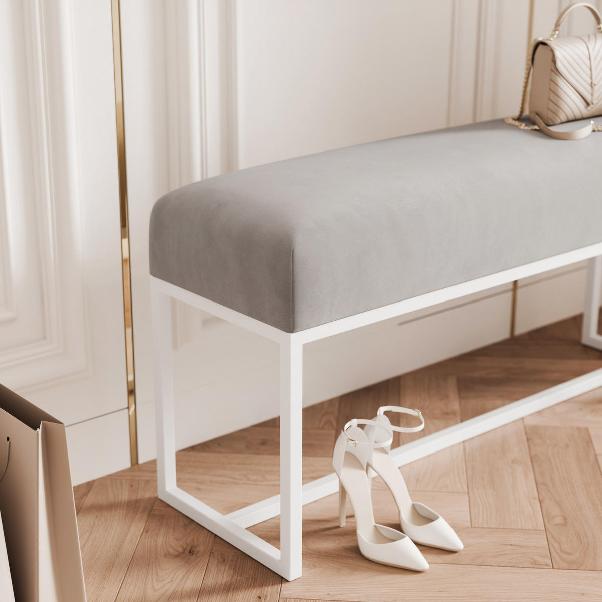 POLSTERBANK MUSE 90 cm Weiß / Grau ,Metallgestell - Grau, Metall (90/47/30cm) - Idohome