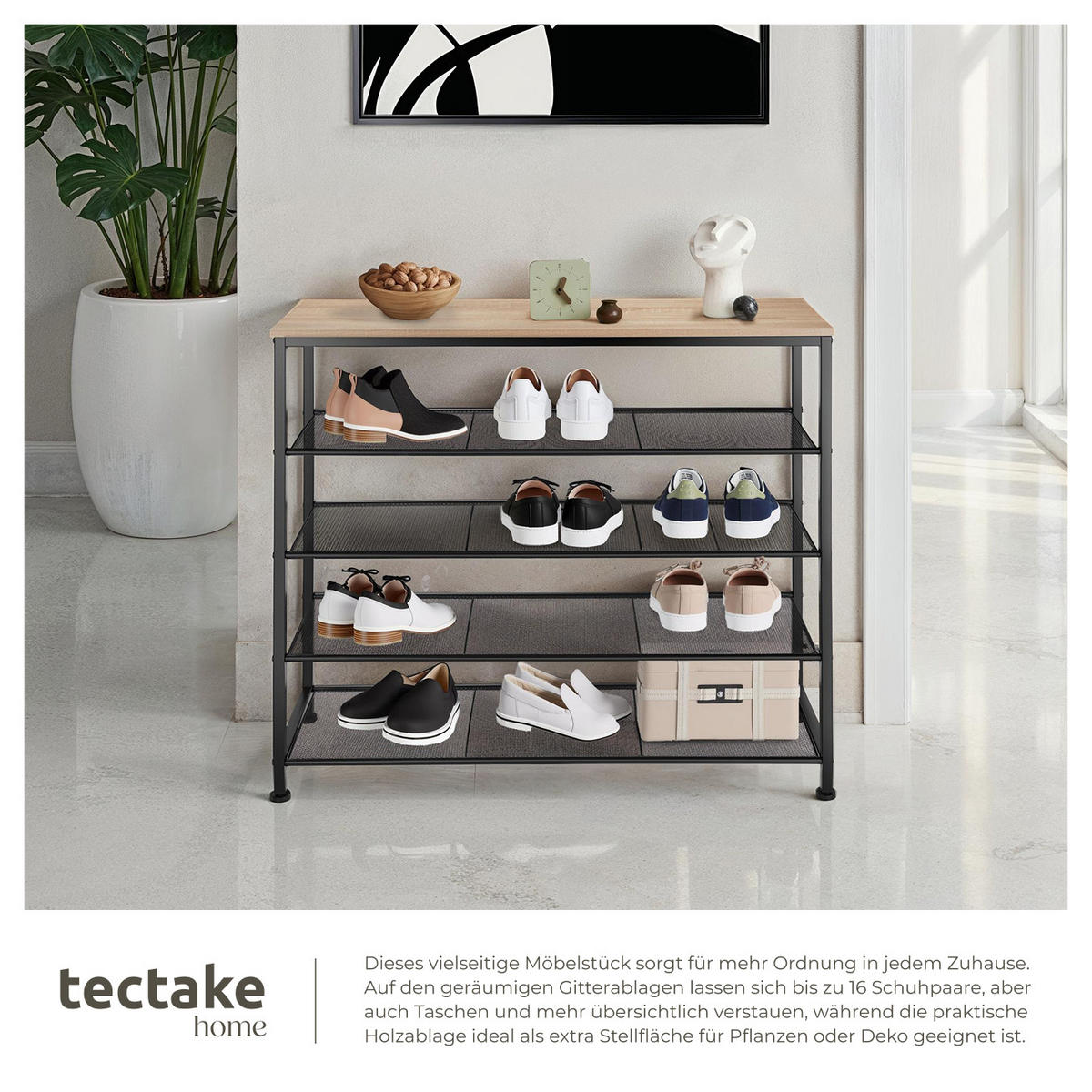 SCHUHREGAL Sheffield,100 x 30,5 x 93 cm,Industrial Holz hell, Eiche Sonoma - Naturfarben, Metall (30.5/93/100cm) - tectake