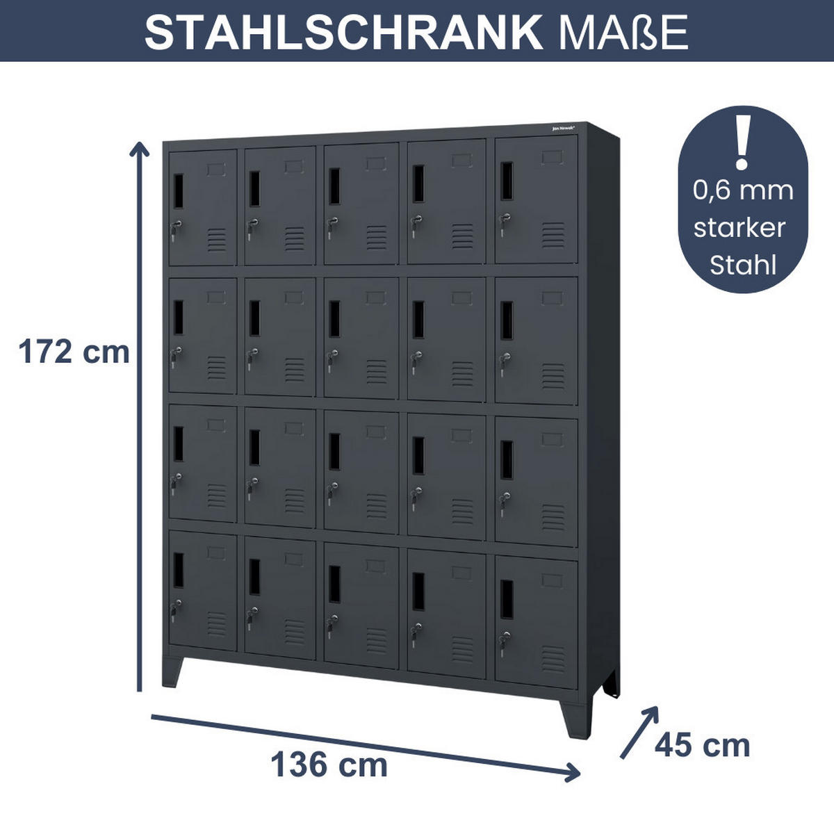 SCHLIESSFACHSCHRANK Spind TAMPA 20 Fächer172x136x45cm Anthrazit - Anthrazit, Metall (136/172/45cm) - DELUKE