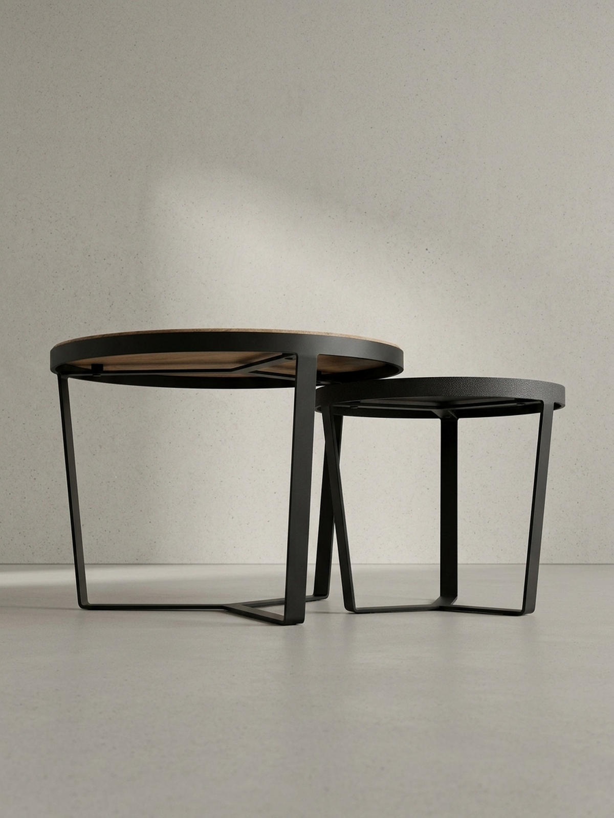COUCHTISCH Set rund – Akazie Massivholz, Steinoptik, Metallgestell, Braun-Anthrazit - Schwarz, Holz/Metall (60/60/40cm) - KADIMA DESIGN