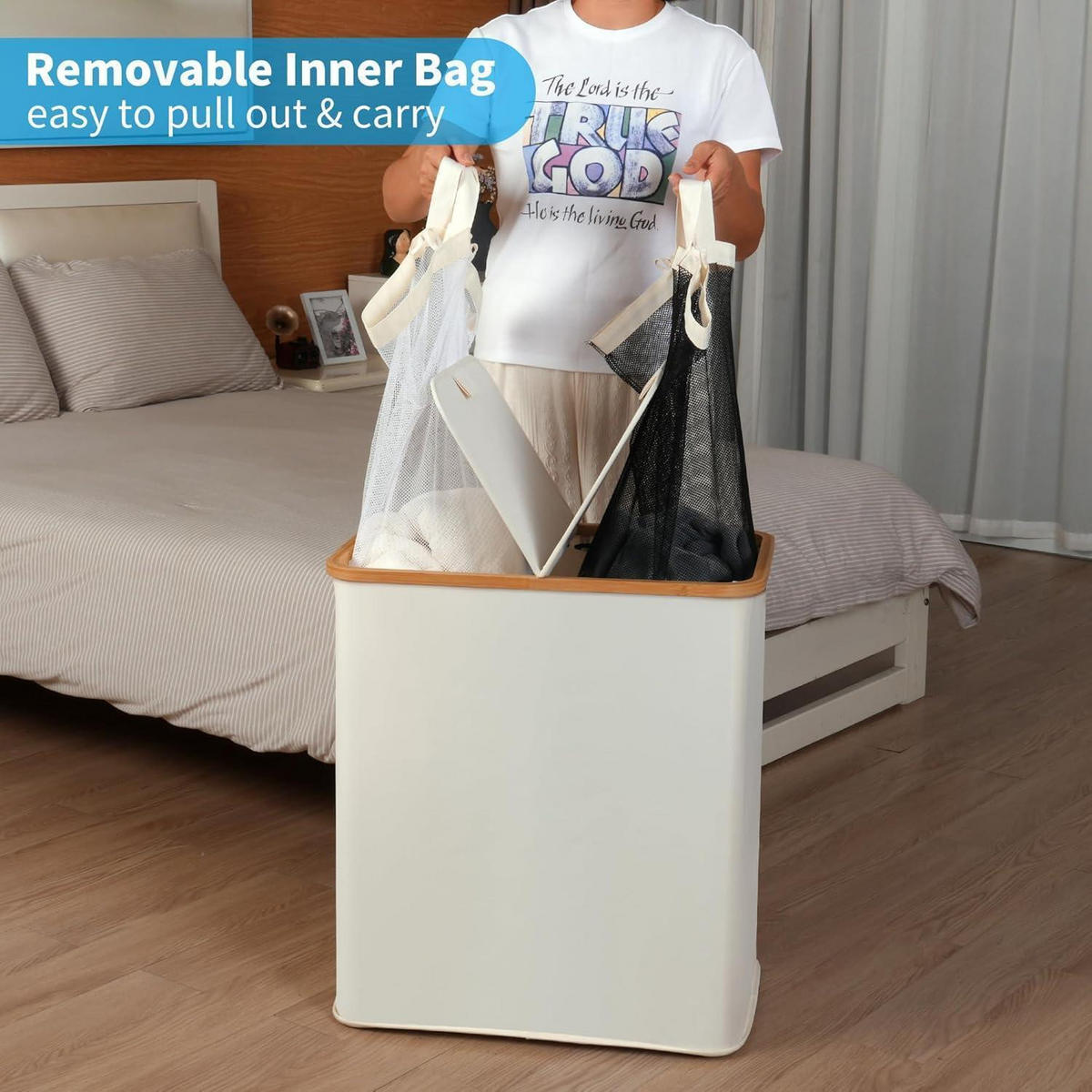 WÄSCHEKORB mit Deckel und 2 Fächern Beige 140L - Weiß, Naturmaterialien (37.1/65/56.9cm)
