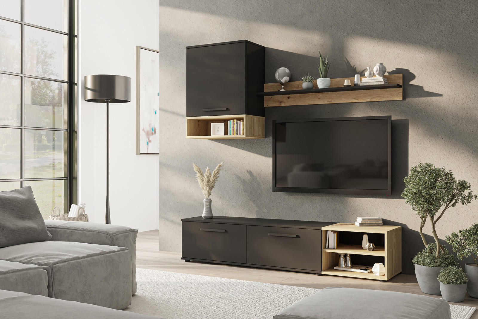 WOHNWAND Vento 180 cm breite 3-teilig Schwarz und Artisan Eiche - Schwarz/Eiche Artisan, Holzwerkstoff/Kunststoff (180/119/40cm) - Ravio