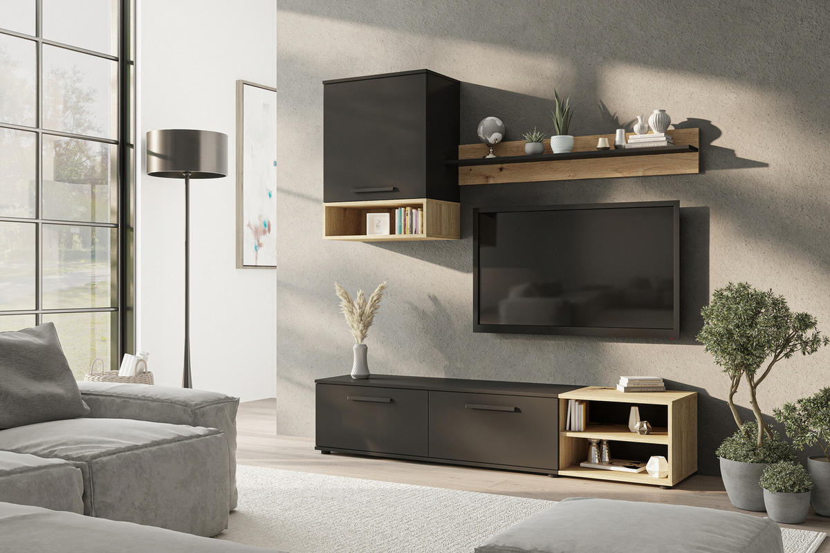 WOHNWAND Vento 180 cm breite 3-teilig Schwarz und Artisan Eiche - Schwarz/Eiche Artisan, Holzwerkstoff/Kunststoff (180/119/40cm) - Ravio