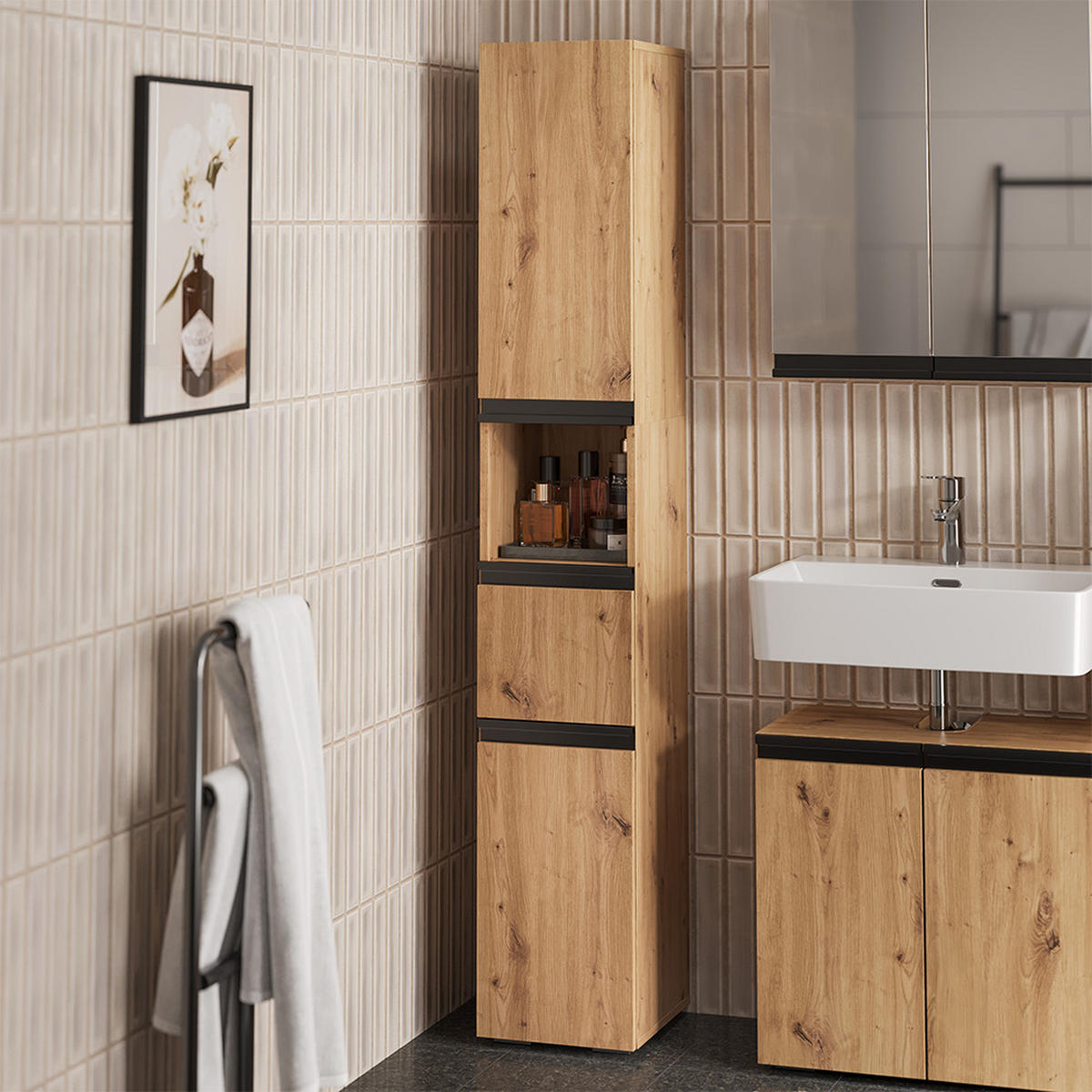 BADSCHRANK Torren Artisan 30 x 181 cm mit 2 Türen - Hellgrau, Holzwerkstoff (30/181/35cm) - Vicco