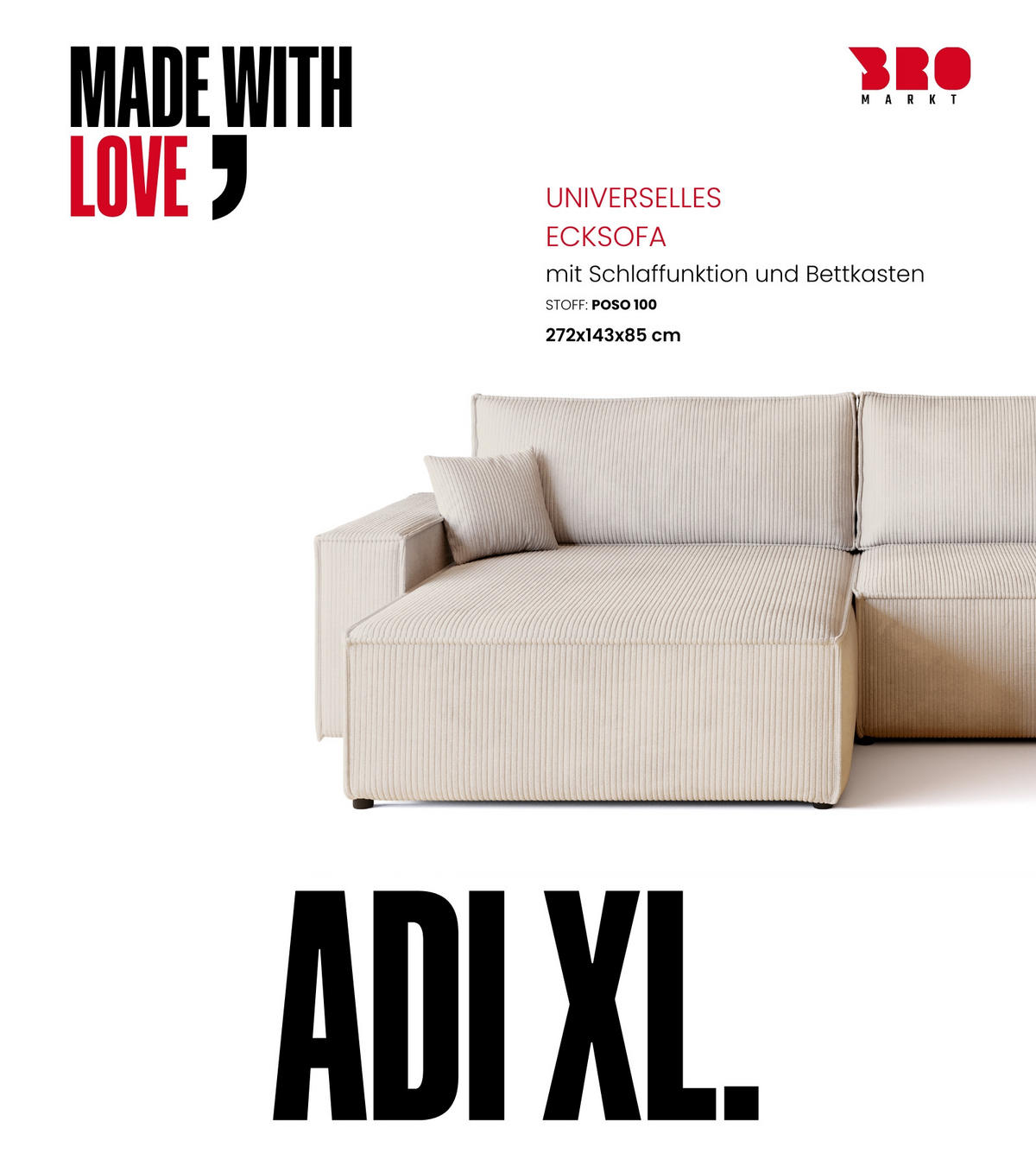 ECKSOFA ADI XL mit Schlaffunktion Vanille Cord - Creme, Textil (272/143cm) - Bromarkt