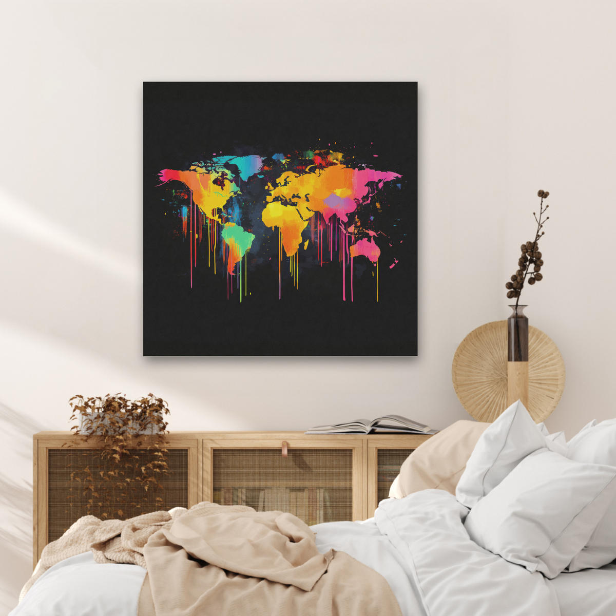 AKUSTIKBILD Weltkarte - Farbe - Bunt - Graffiti - Welt Akustikpaneele 80x80 cm - Multicolor, Kunststoff (80/80/0.9cm) - MuchoWow