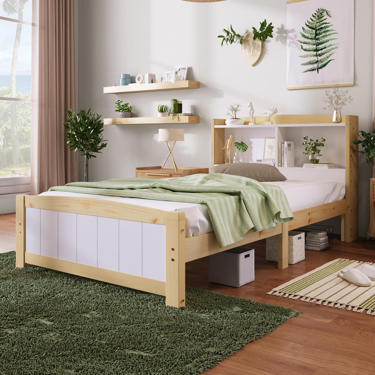 RAHMENBETT 90/200 cm in Weiß mit Stauraum-Kopfteil und Federkernmatratze - Naturfarben, Holz (90/200cm) - Flora Grace