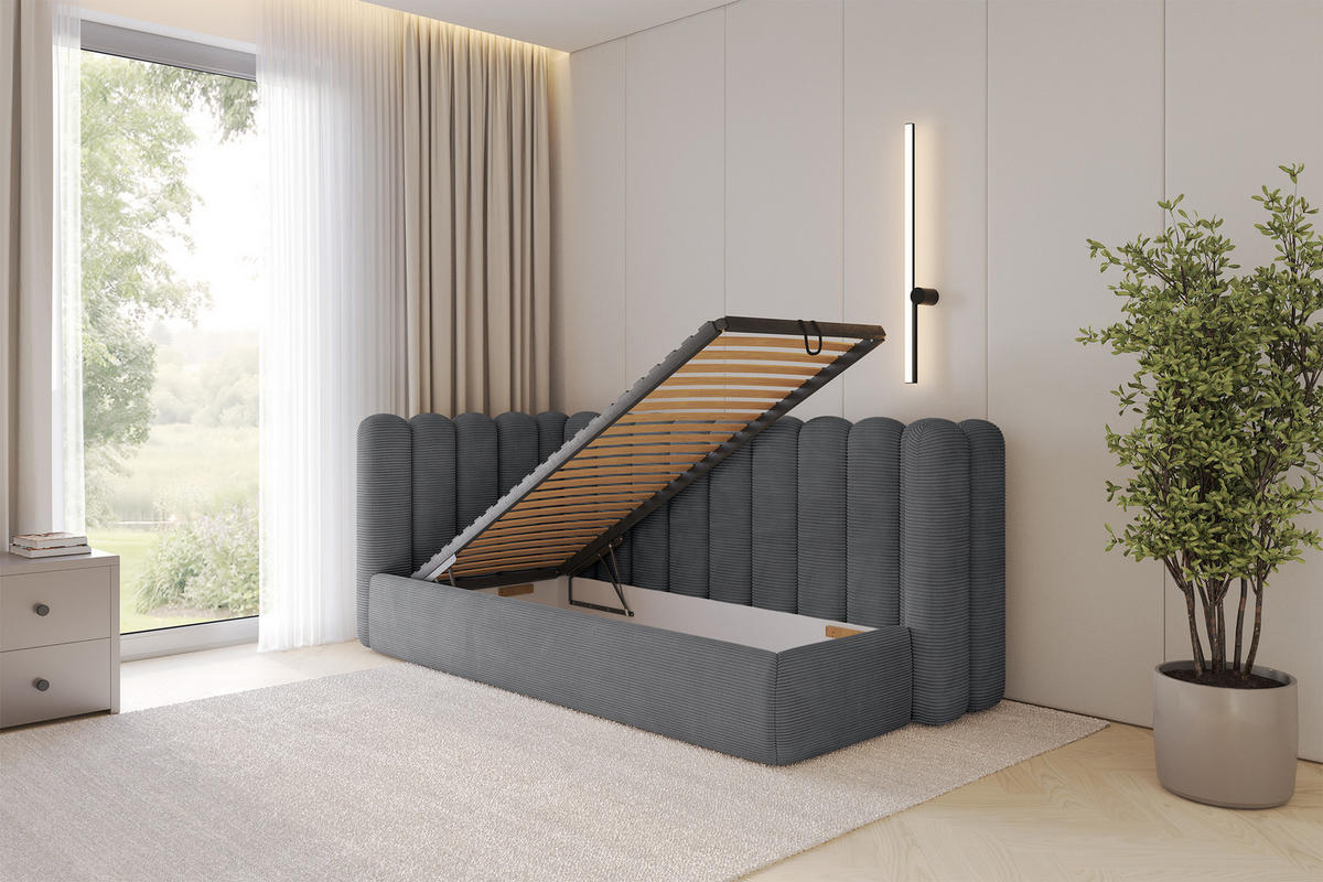 EINZELLBETT Jugendbett mit Bettkasten und Matratze H3/H4, Rechts - HUGY 100x200 Dunkelgrau - Schieferfarben, Holzwerkstoff/Textil (100/200cm) - ALTDECOR