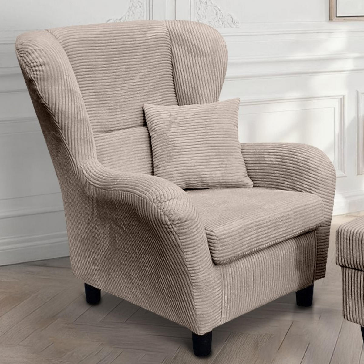 OHRENSESSEL mit HOCKER, hoher Sitzkomfort durch Wellenunterfederung B90/H98/T76 cm, Cord Braun Taupe / 18020 - Taupe/Schwarz, Holz/Textil (90/98/76cm) - luma-home