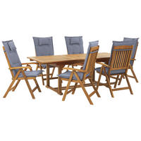 GARTENMÖBEL-SET 6-Sitzer Akazienholz Auflagen blau Java - Hellbraun/Blau, Holz - Beliani