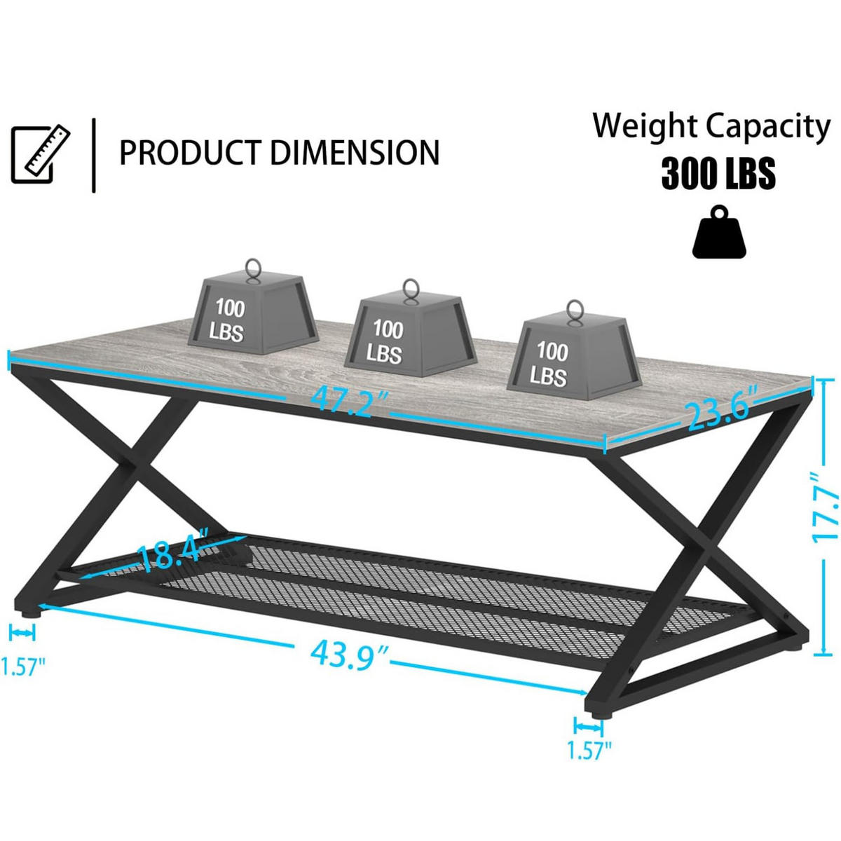 COUCHTISCH Holz Metall Industrial mit Ablage 120 x 60 x 45 cm - Hellgrau, Holzwerkstoff/Metall (60/120/45cm) - Quality Elegance
