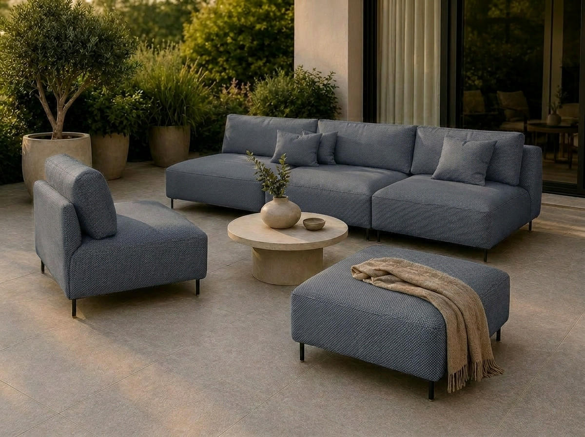 GARTEN Lounge Set SUN – Outdoor Möbel Set mit Sofa, Sessel und Hocker, UV-beständig und wasserabweisend - Grau, Textil - A&J MöbelLand