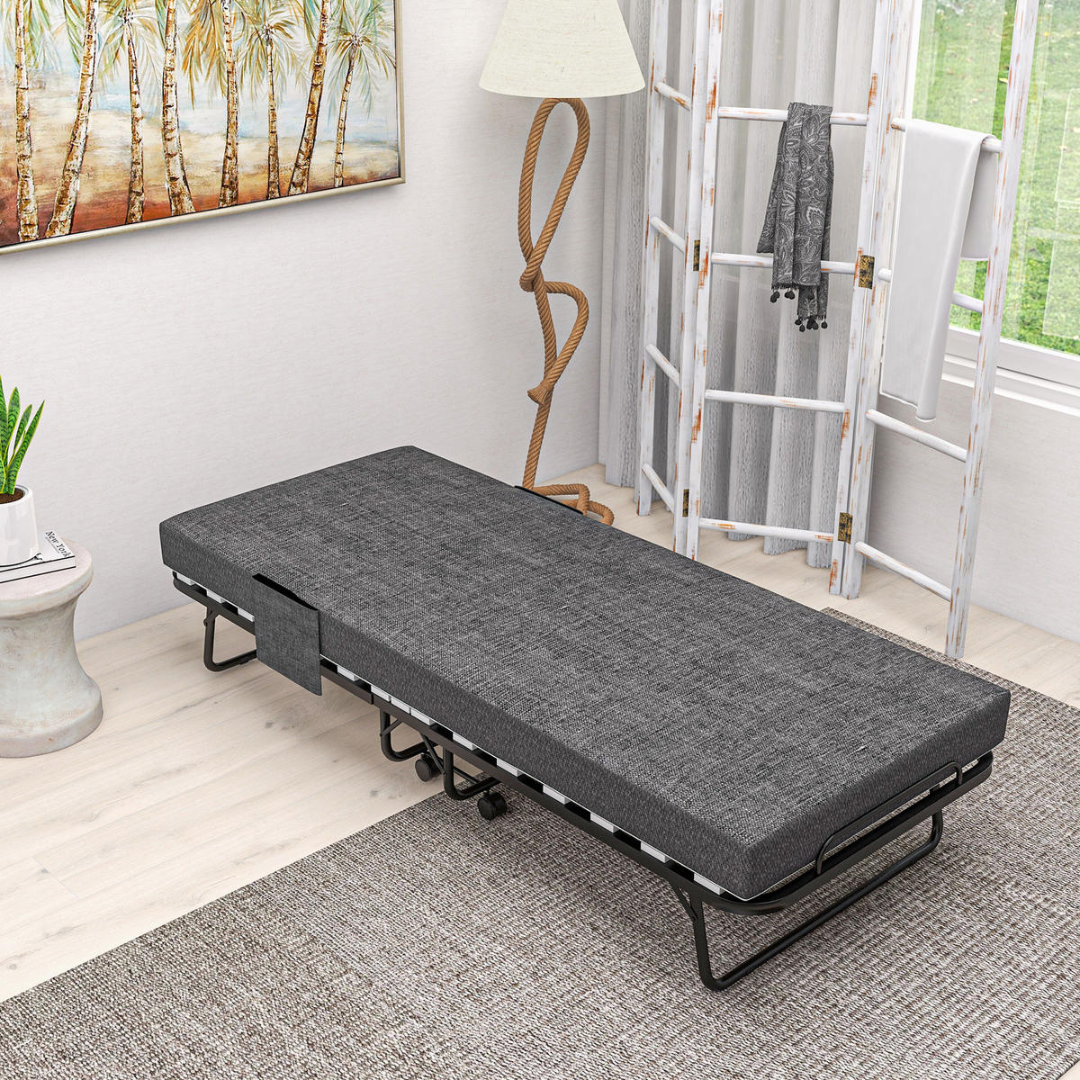 KLAPPBETT Gästebett mit Rollen, 10 cm Matratze, Abdeckung, Seitentasche, Grau - Dunkelgrau, Kunststoff - HOMCOM