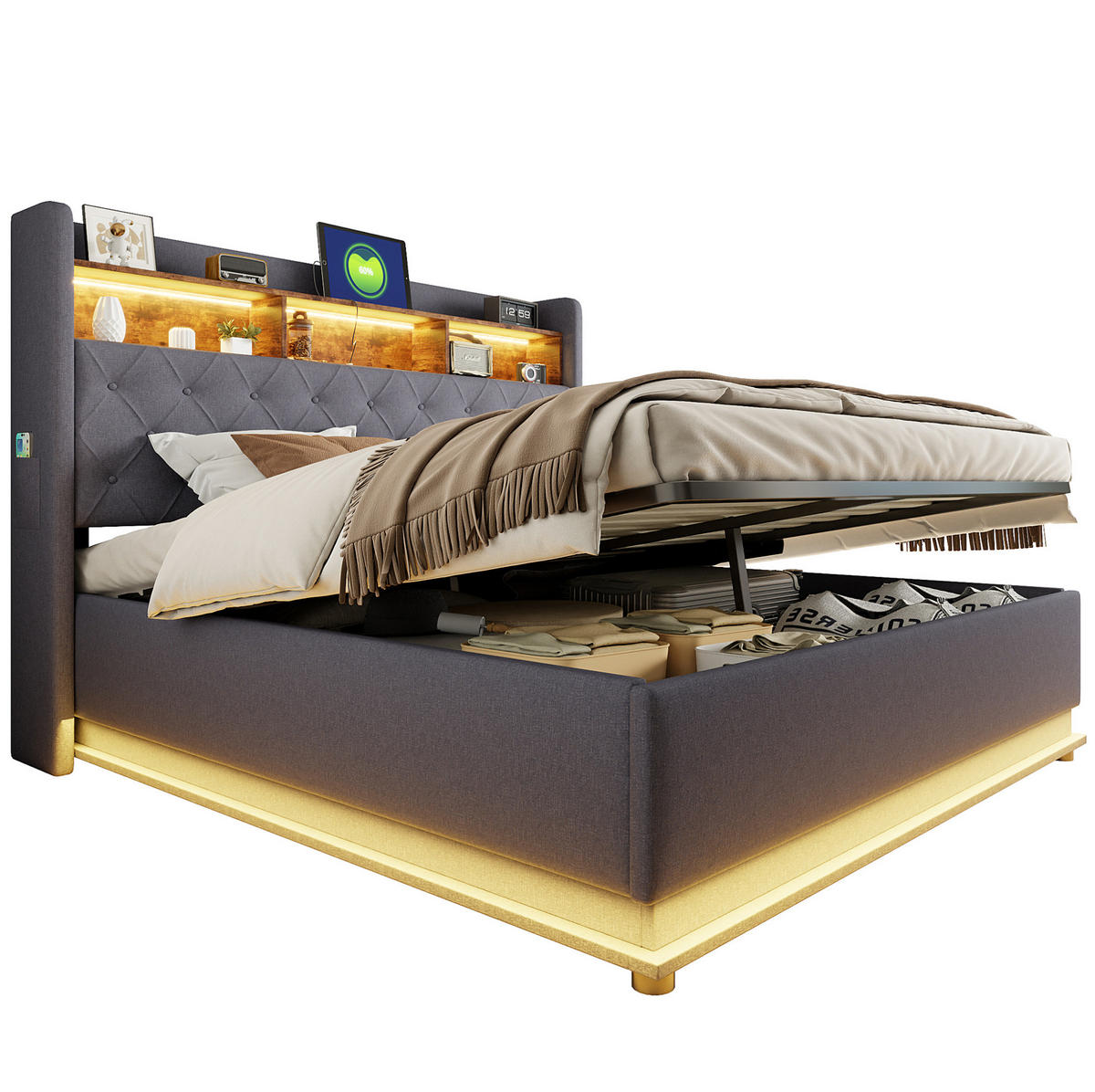 ČALÚNENÁ posteľ 180/200 cm, sivá, s LED osvetlením, USB a úložným priestorom - sivá, textil (180/200cm) - BEAOK