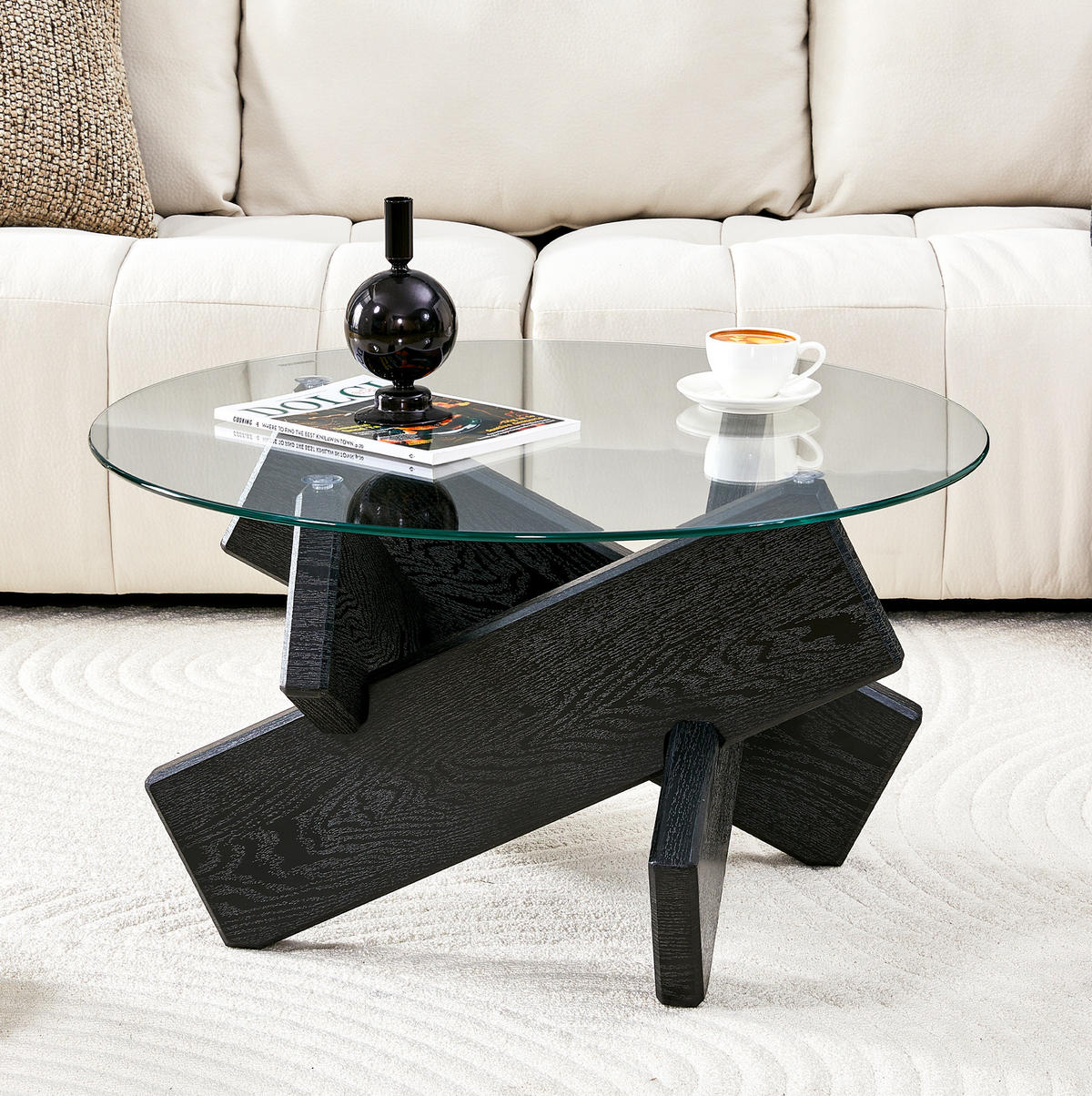 COUCHTISCH 79 cm aus Glas und MDF mit kreuzförmigem Gestell - Schwarz, Holzwerkstoff (79/79/45cm) - BEAOK