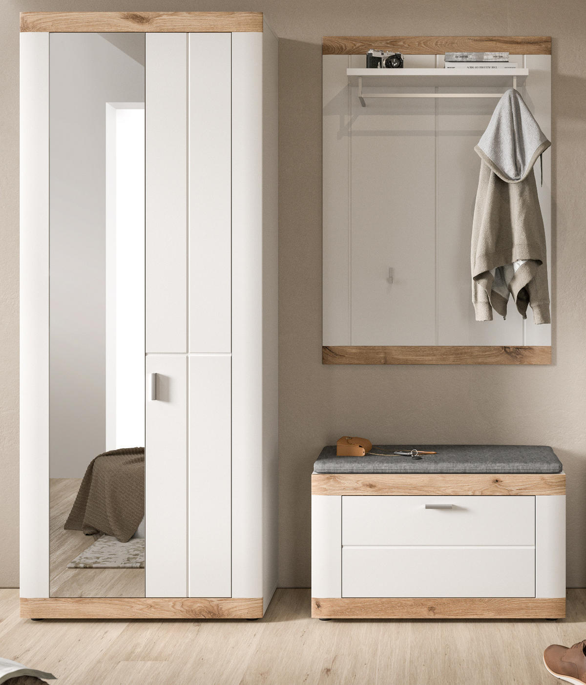 GARDEROBE Set 3-teilig weiß, Eiche 172 cm, Flurgarderobe mit Soft-Close - Eichefarben/Weiß, Holzwerkstoff/Kunststoff (171/191/37cm) - Inn.Furn