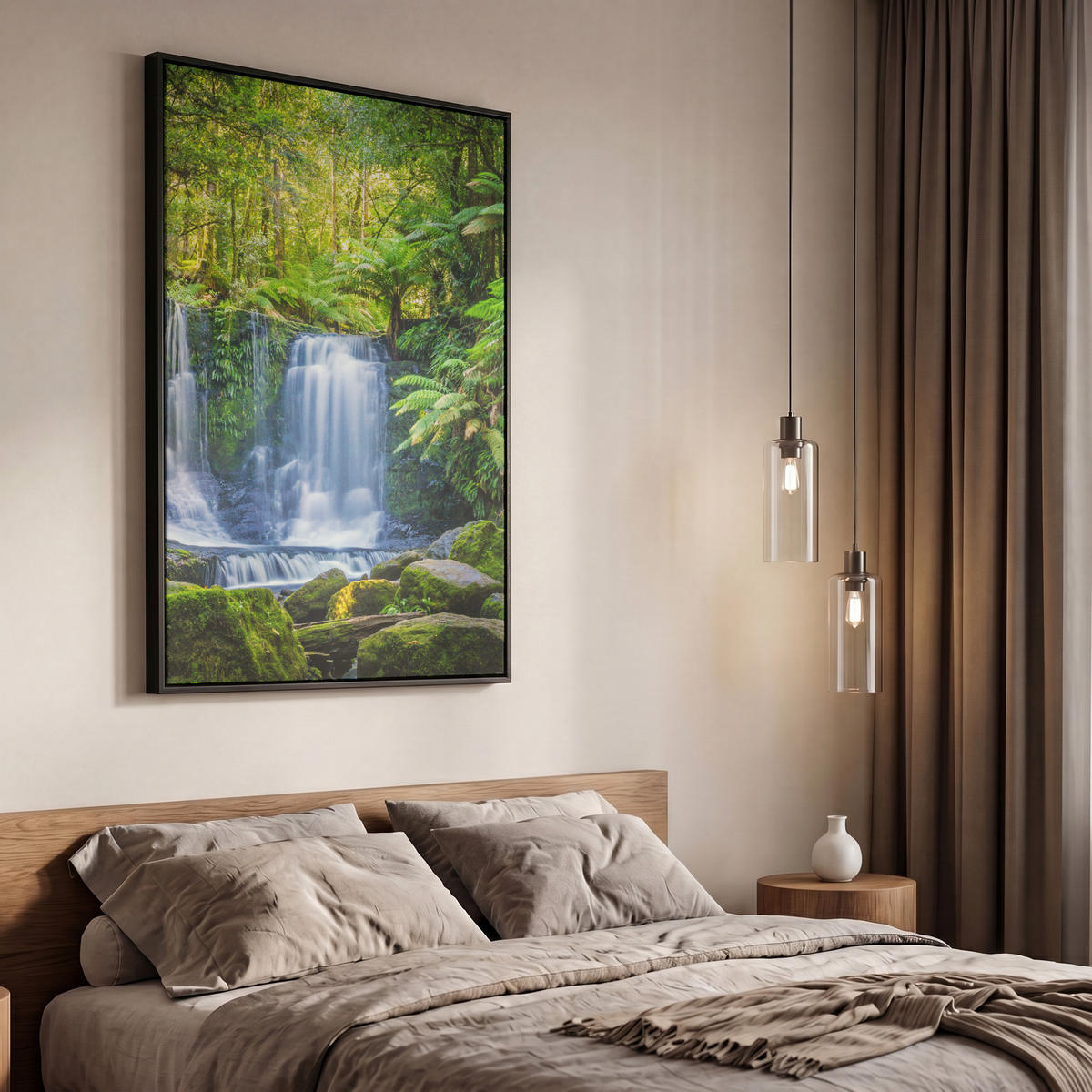 LEINWAND Bilder mit Rahmen - Dschungel - Wasserfall - Australien - Pflanzen - Natur - 60x90 - Dunkelgrün, Textil (60/90cm) - MuchoWow