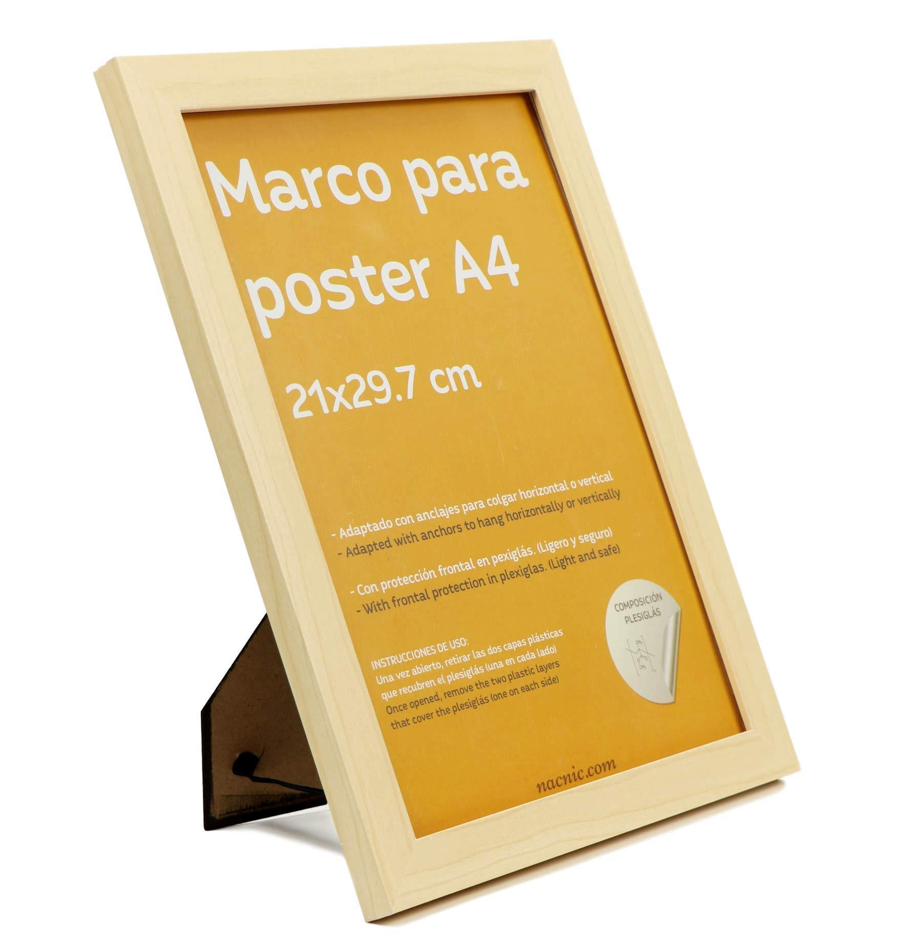 RAHMEN Set mit 4 aus MDF und Acrylglas Schutz und Aussteller für Fotografien, Bilder, Poster, Gemälde, Dekoration für Haus Farbe Hellholz A4 - Beige, Holz (21/3/29.7cm) - Nacnic