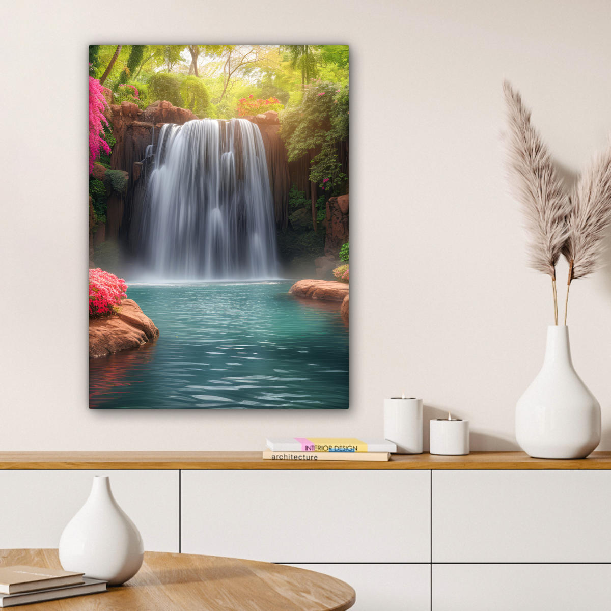LEINWANDBILD Wasserfall - Natur - Pflanzen - Dschungel - Wasser 60x80 cm - Grün, Textil (60/80cm) - MuchoWow