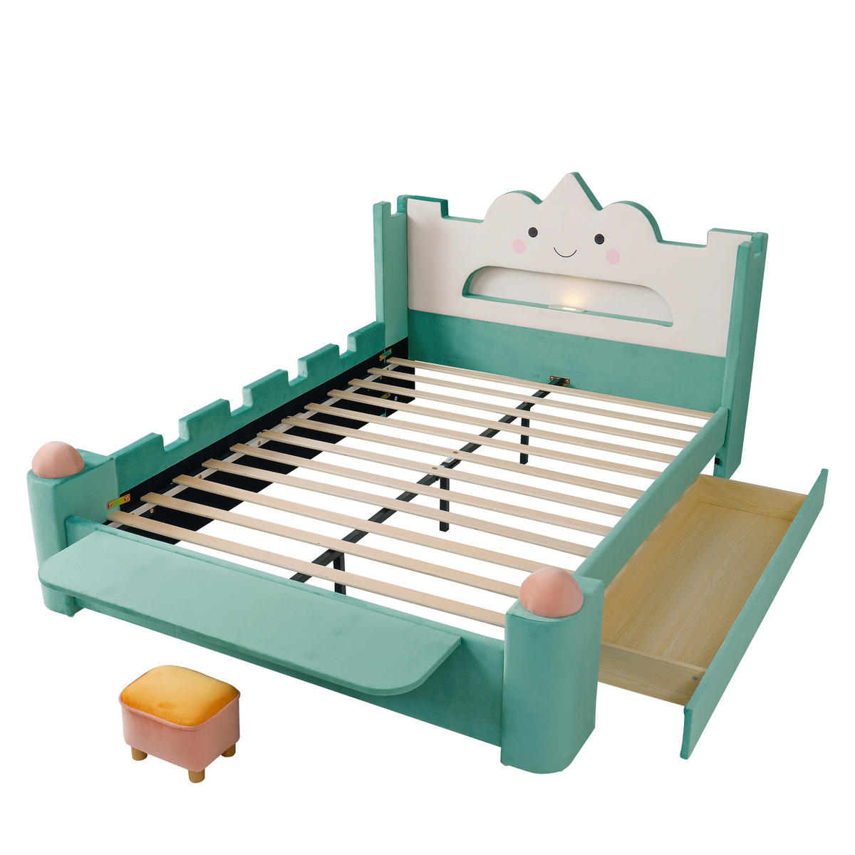 KINDERBETT 140/200 cm in Blaugrün mit Schublade, USB und klappbarer Ablage Samt - Türkis, Holzwerkstoff/Textil (140/200cm) - CHICFURN