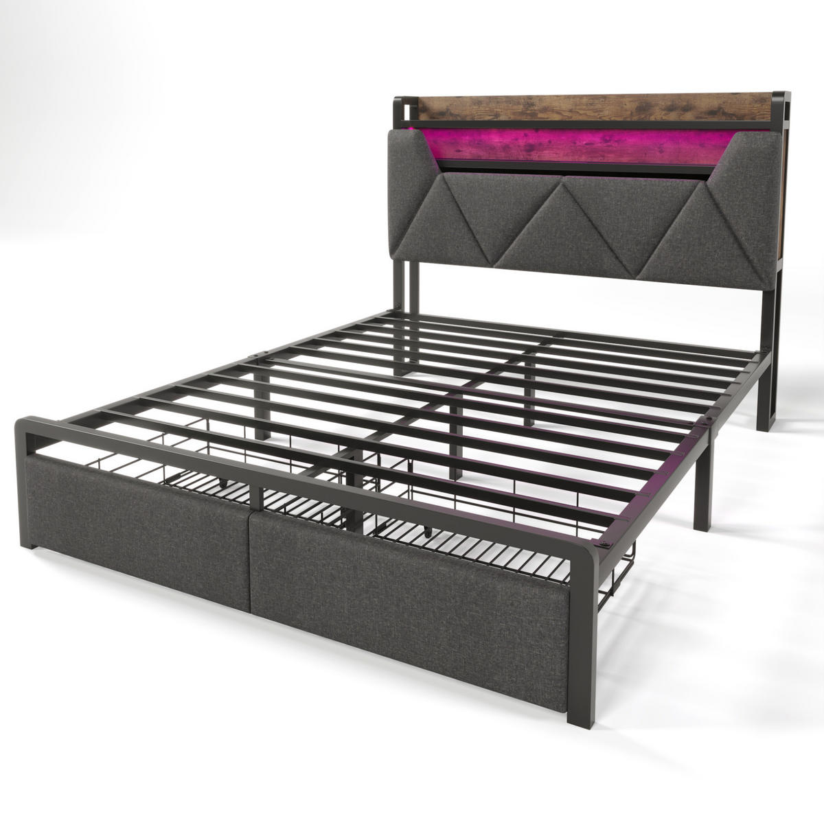 POLSTERBETT 140/200 cm aus Leinen mit LED, USB-C, Stauraum-Kopfteil, 2 Schubladen und Matratze, Grau - Grau, Textil (140/200cm) - Redom