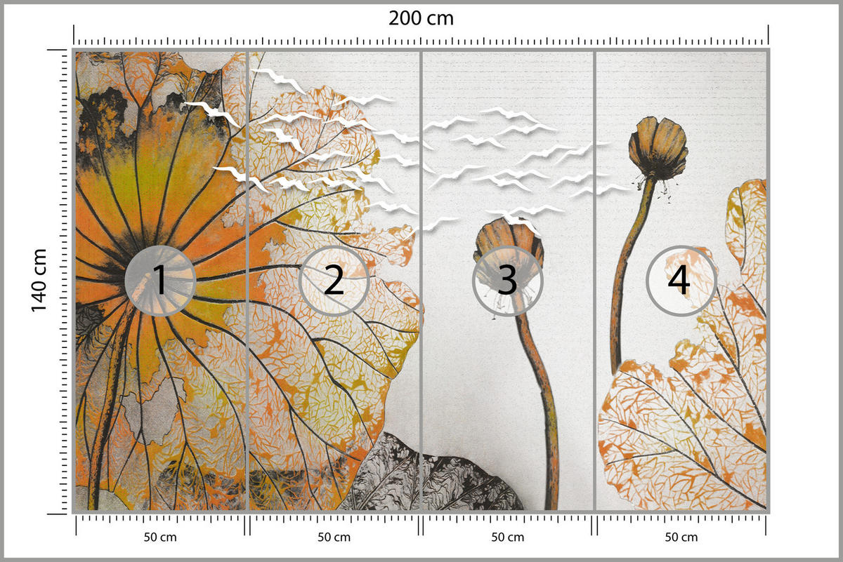FOTOTAPETE für Esszimmer Große Abstrakte Orange Blumen Blätter 200x140 - Gelb/Orange, Papier (200/140cm) - Muralo