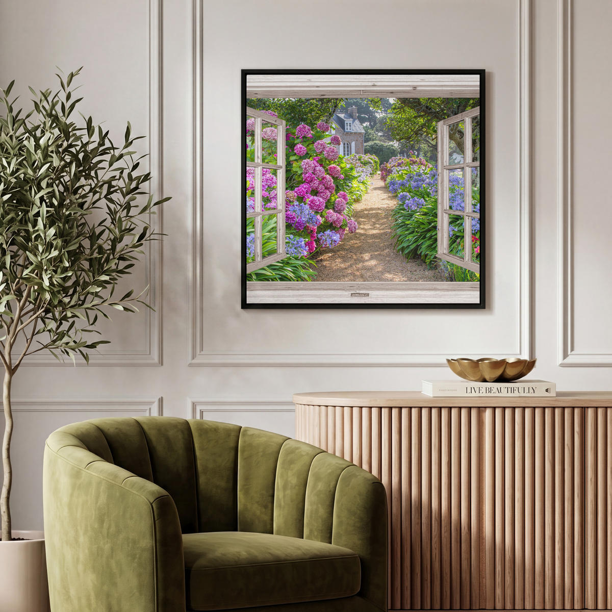 LEINWAND Bilder mit Rahmen - Hortensie - Durchsichtig - Blumen - Sommer - Lila - Weg - 50x50 - Lila, Textil (50/50cm) - MuchoWow