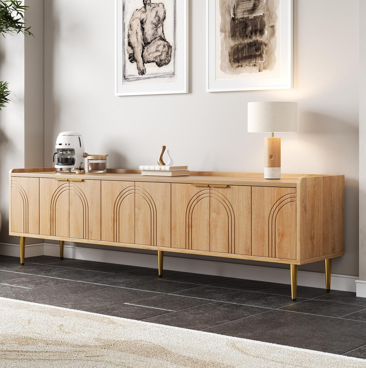 LOWBOARD 170/35/47,5 cm aus MDF mit 3D-Türen und goldfarbenen Metallfüßen Natur - Naturfarben, Holzwerkstoff (170/47.5/35cm) - Modenvie