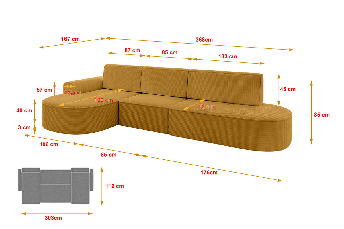 ECKSOFA mit Schlaffunktion Ottomane Links MARI L2-S 368X167X85 Senfgelb Cord - Goldfarben/Schwarz, Holzwerkstoff/Kunststoff (368/167cm) - ALTDECOR