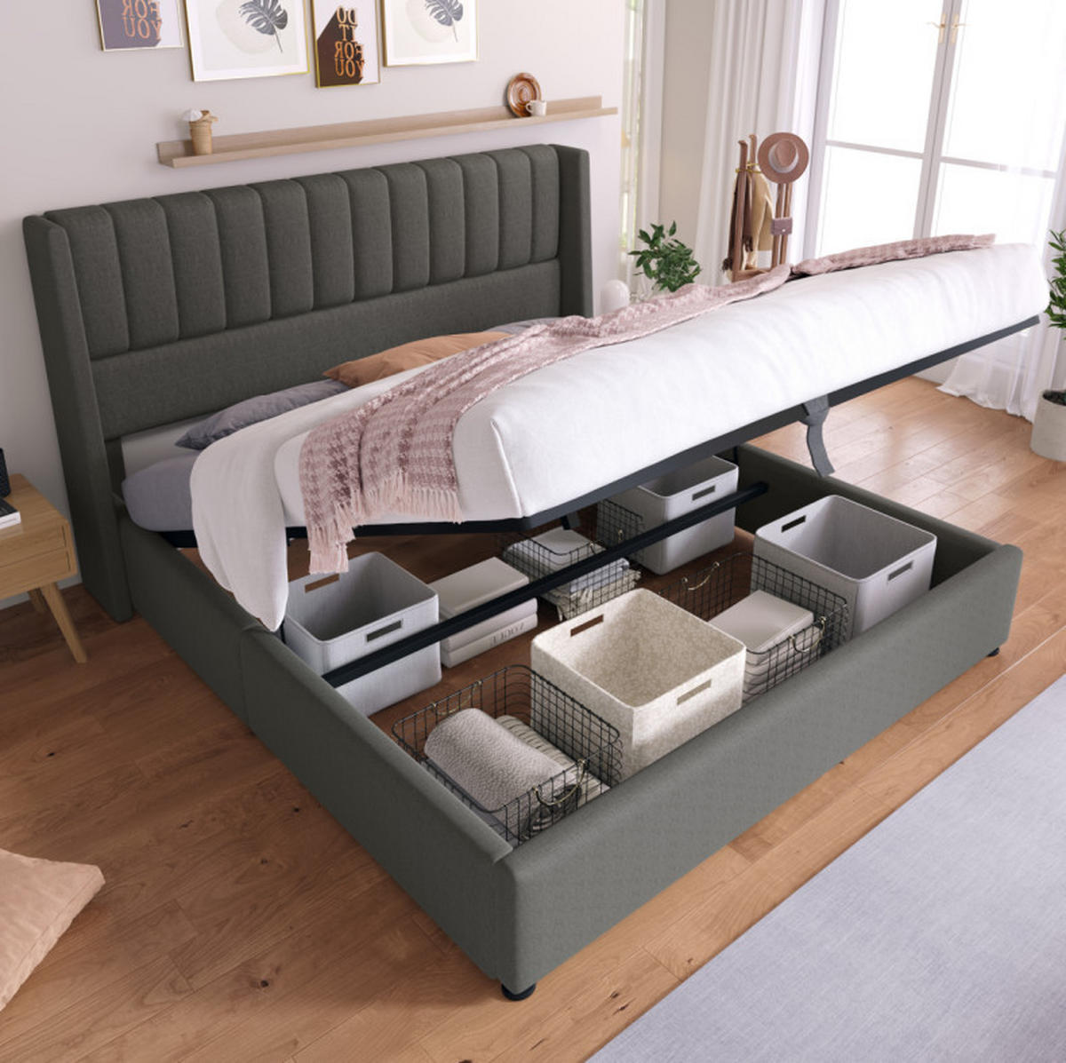 POLSTERBETT 160/200 cm grau mit hydraulischem Bettkasten und Lattenrost - Grau, Textil (160/200cm) - OKWISH