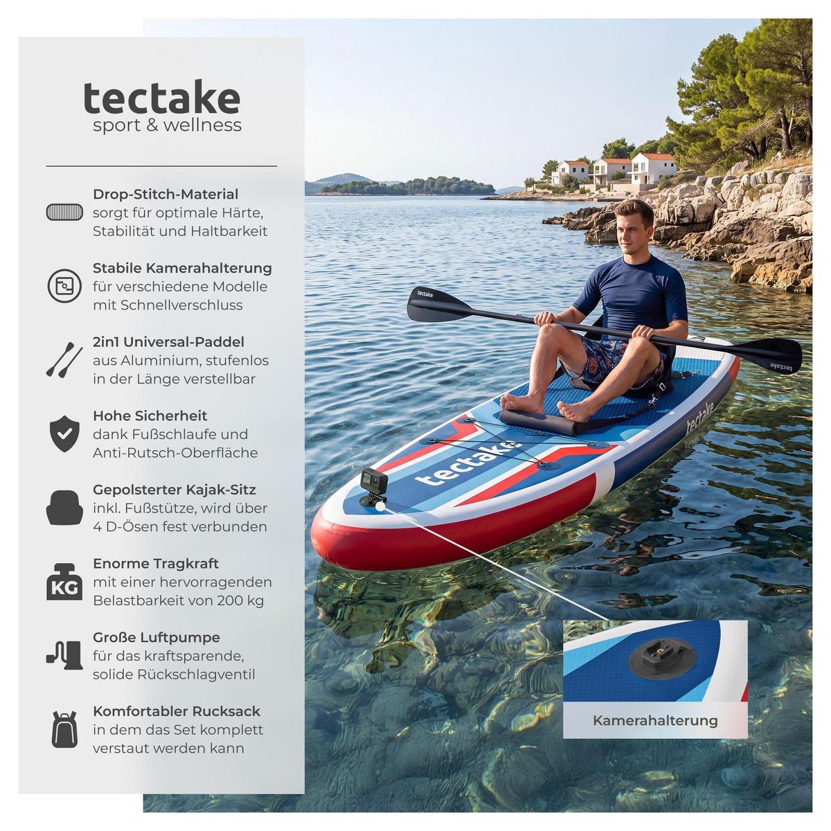 STAND UP PADDLE BOARD Poseidon, Belastbarkeit 200 kg, inklusive Kajak-Sitz, rot/blau - Rot, Kunststoff (320/84/0.4cm) - tectake
