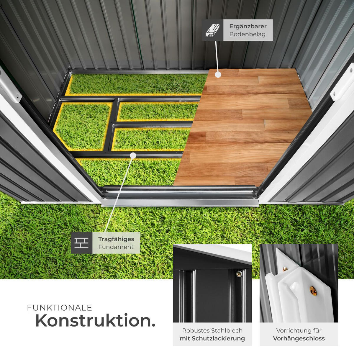 GARTENHAUS mit Satteldach, 214 x 130 x 185 cm, grau/weiß - Weiß/Grau, Metall (130/185/214cm) - tectake