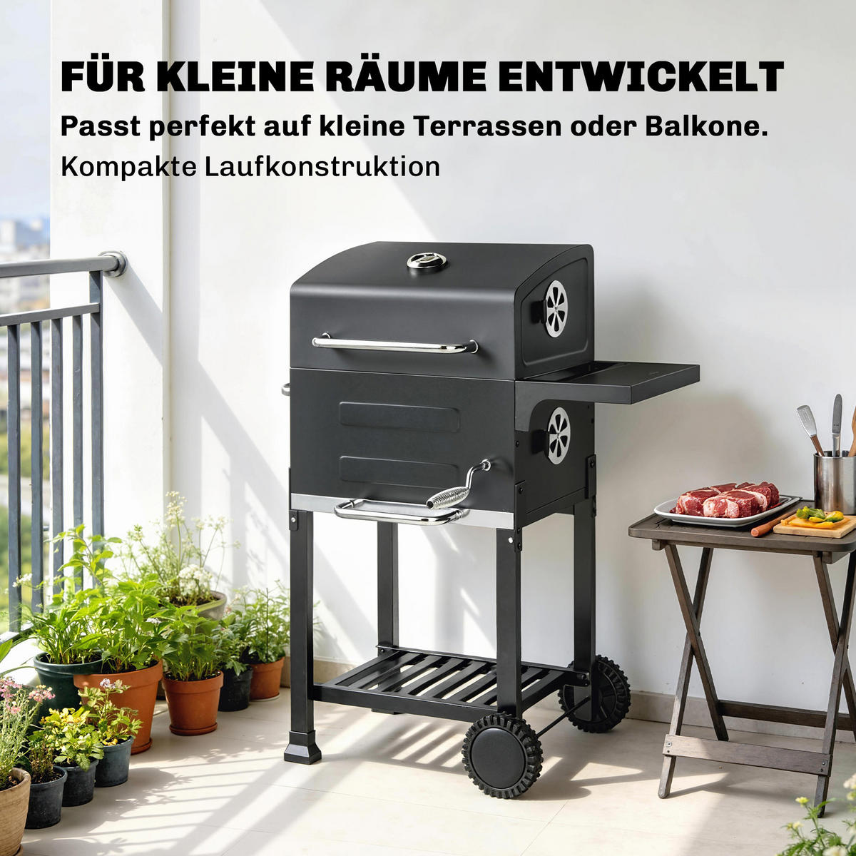 HOLZKOHLEGRILL DE-10244 kompakt mit Deckel und Thermometer Schwarz - Schwarz, Metall (59/94/75cm) - ComfortXL
