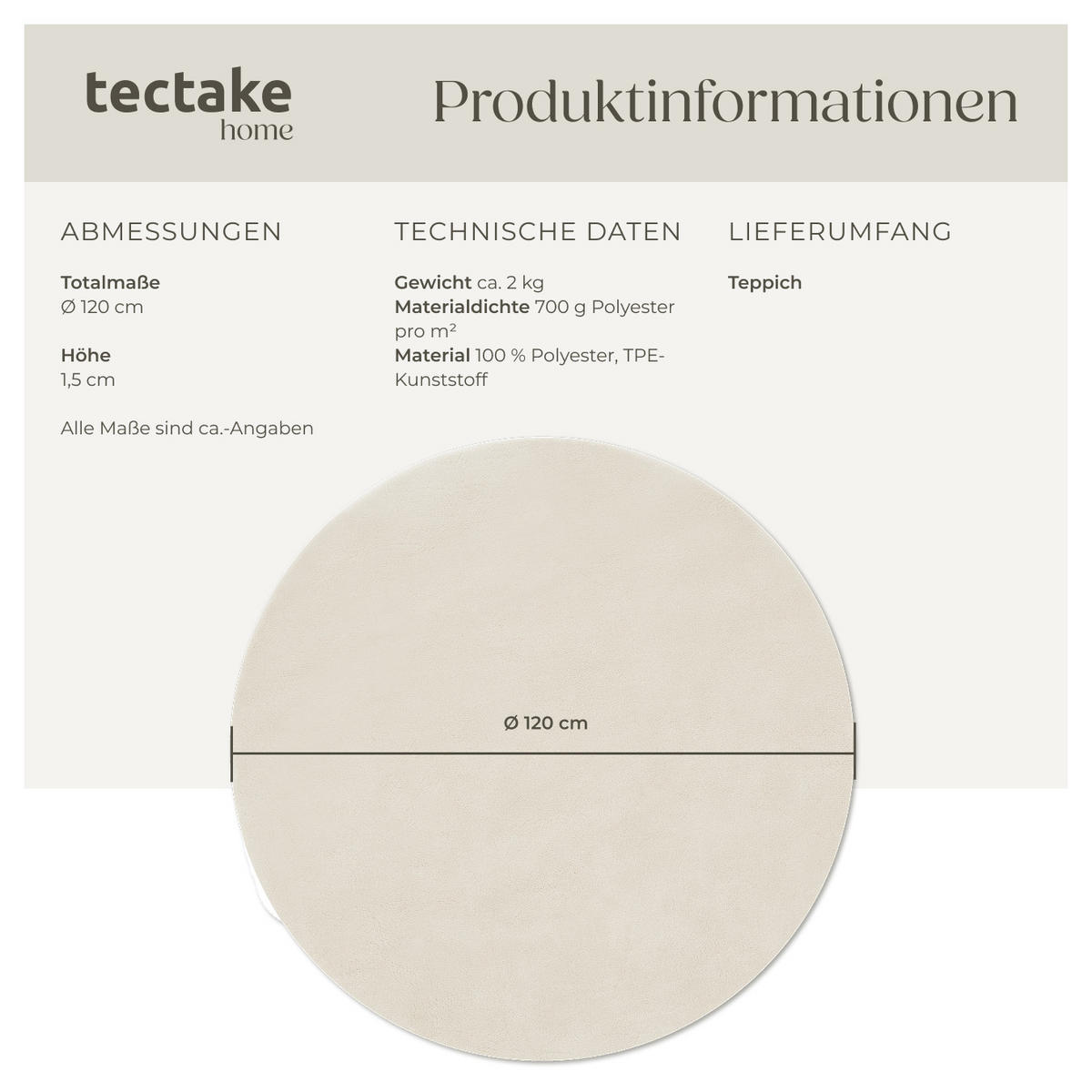 KURZFLORTEPPICH Soft Zone,rutschfeste Unterseite,creme - Creme, Kunststoff (120/120cm) - tectake