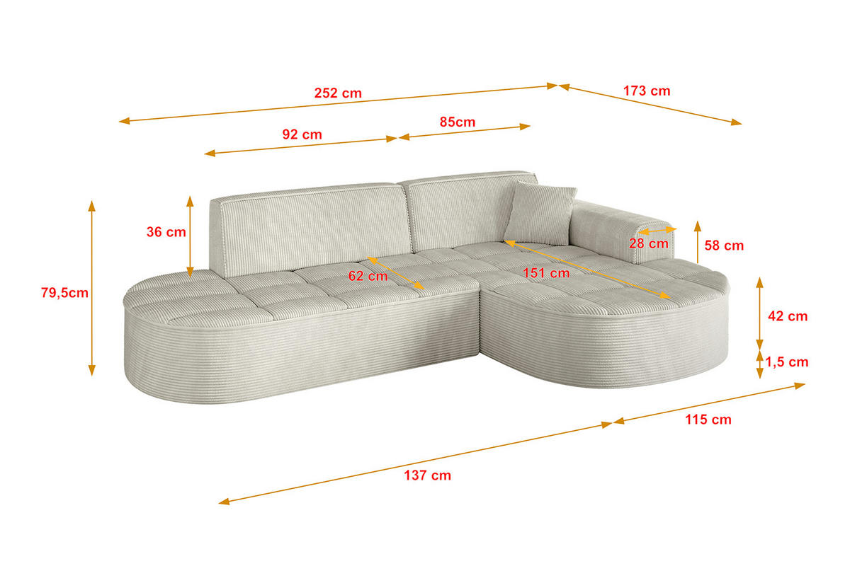 ECKSOFA Ottomane Rechts LIVO-L1 - 252x173x79,5 cm Creme - Hellgrau/Creme, Holzwerkstoff/Textil (252/173cm) - ALTDECOR