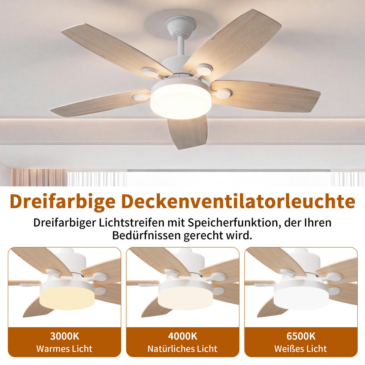 DECKENVENTILATOR mit LED-Licht, 106,6 cm, 5 Holzflügel, 6 Stufen & Timer - Naturfarben, Metall (106.6/106.6/39cm) - EuroLiving